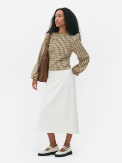 Chemises Et Blouses|Primark Chemisier Froncé à Carreaux Et Manches Longues Grège