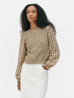 Chemises Et Blouses|Primark Chemisier Froncé à Carreaux Et Manches Longues Grège