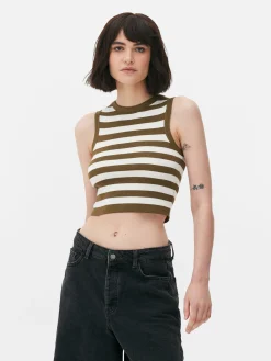 Hauts Et T-Shirts|Primark Débardeur Court à Col Ras-du-cou En Maille Côtelée Kaki