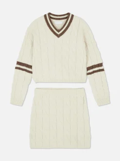 Ensembles Et Tenues|Primark Ensemble Coordonné Pull Et Jupe En Maille Torsadée Écru