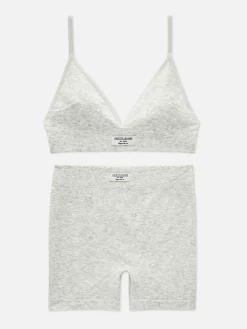 Ensembles Lingerie|Ensembles Pyjamas|Primark Ensemble Détente Short Et Brassière à Bretelles Côtelés Gris chiné