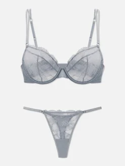 Ensembles Lingerie|Primark Ensemble Soutien-gorge Non Rembourré Et String En Dentelle Gris
