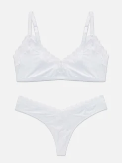 Ensembles Lingerie|Primark Ensemble Soutien-gorge Non Rembourré Et String à Liseré En Dentelle Blanc