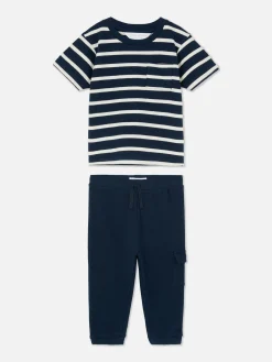 Ensembles Et Tenues|Primark Ensemble T-shirt Rayé Et Bas De Jogging à Revers Bleu marine