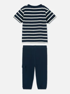 Ensembles Et Tenues|Primark Ensemble T-shirt Rayé Et Bas De Jogging à Revers Bleu marine