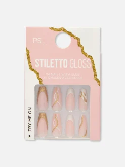 Faux Ongles|Primark Faux Ongles Pointus Glossy à Motif Tourbillons PS... Doré