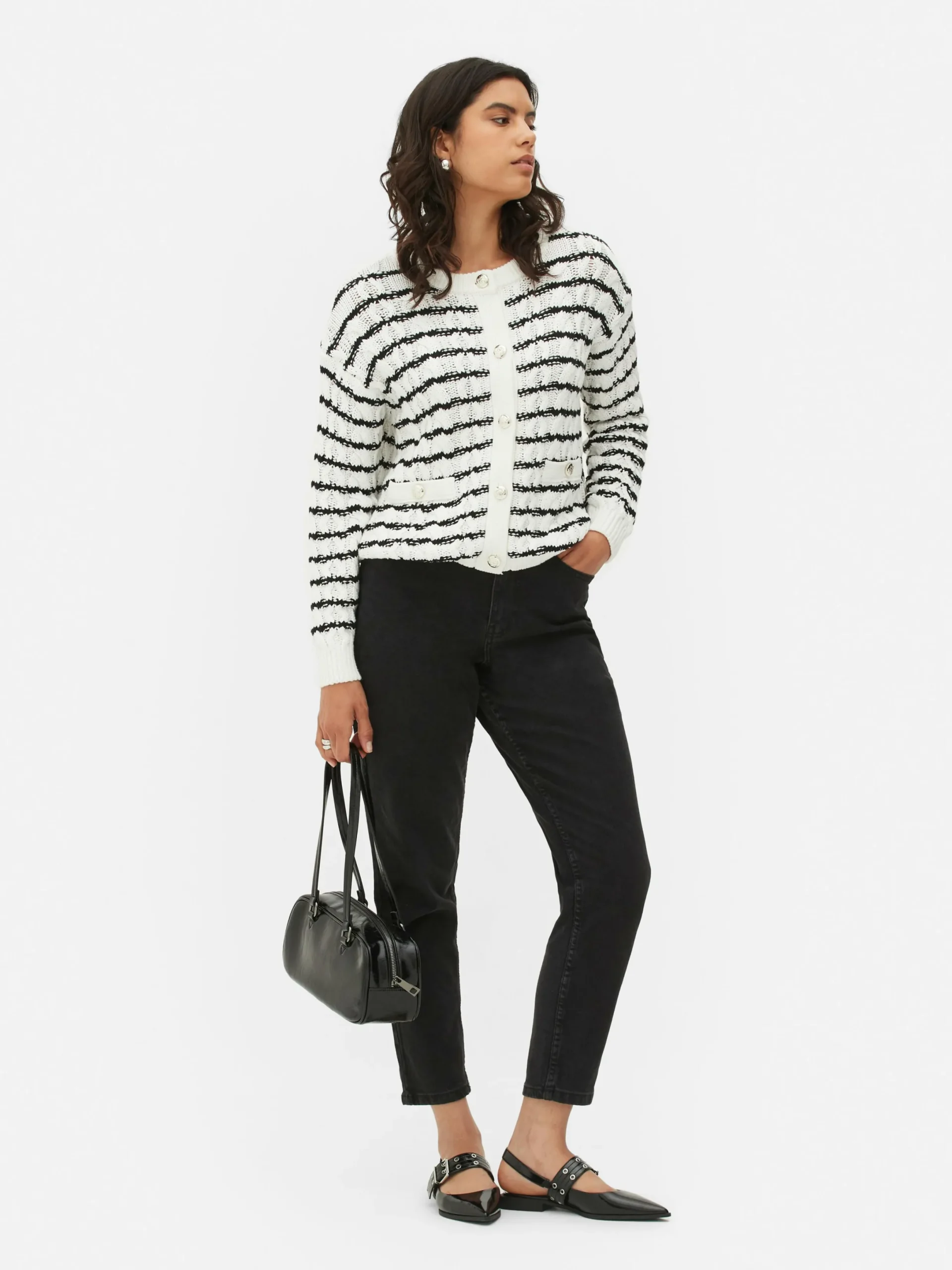 Pulls Et Gilets|Primark Gilet Rayé En Maille Torsadée Blanc/Noir