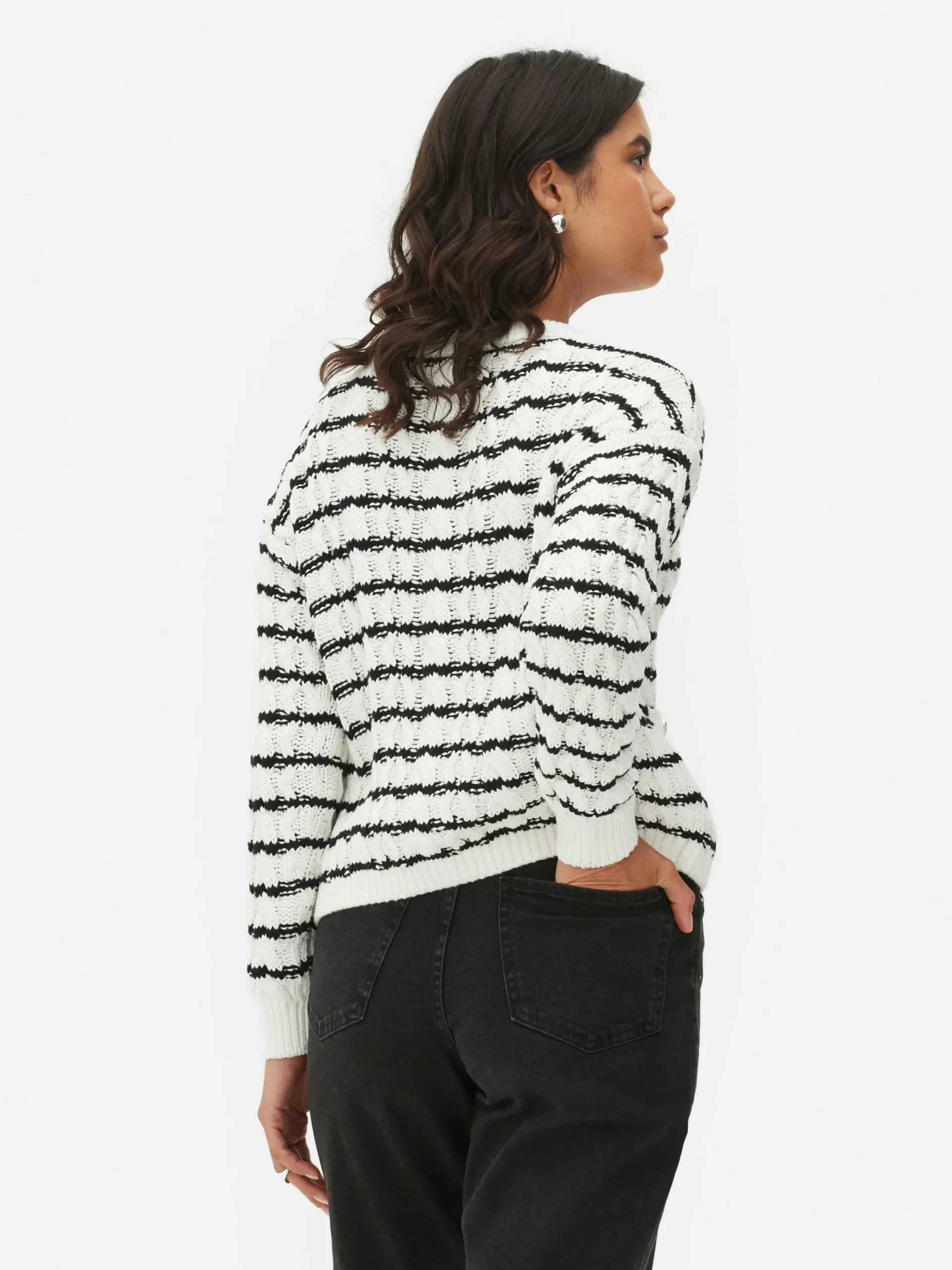 Pulls Et Gilets|Primark Gilet Rayé En Maille Torsadée Blanc/Noir