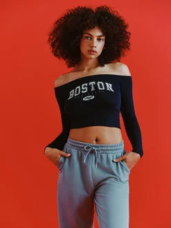 Hauts Et T-Shirts|Primark Haut Court à Encolure Bateau Et Manches Longues Bleu marine