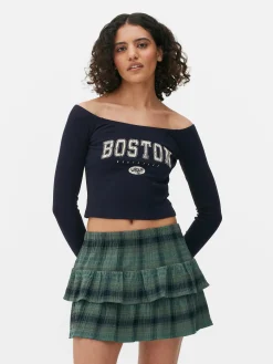 Hauts Et T-Shirts|Primark Haut Court à Encolure Bateau Et Manches Longues Bleu marine