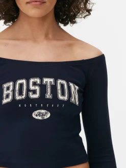 Hauts Et T-Shirts|Primark Haut Court à Encolure Bateau Et Manches Longues Bleu marine