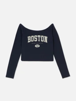 Hauts Et T-Shirts|Primark Haut Court à Encolure Bateau Et Manches Longues Bleu marine