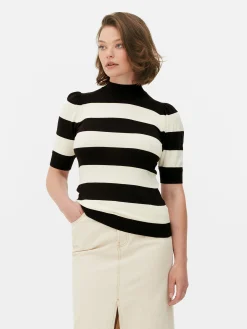 Pulls Et Gilets|Primark Haut Tricoté à Col Montant Et Manches Bouffantes Noir/Blanc