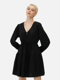 Robes|Primark Mini Robe à Smocks Avec Col En V Et Liens à Nouer Noir