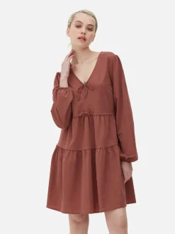 Robes|Primark Mini Robe à Smocks Avec Col En V Et Liens à Nouer Rose poudré