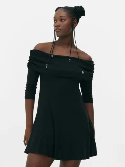 Robes|Primark Mini Robe Patineuse à Encolure Bateau Repliée Noir