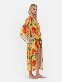 Peignoirs|Primark Peignoir En Satin à Imprimé Floral Tropical Jaune