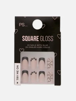 Faux Ongles|Primark PS... Faux Ongles Carrés Brillants Avec Cœurs Noir