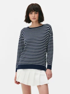 Pulls Et Gilets|Primark Pull Col Bateau à Rayures En Maille Fine Bleu marine