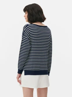 Pulls Et Gilets|Primark Pull Col Bateau à Rayures En Maille Fine Bleu marine