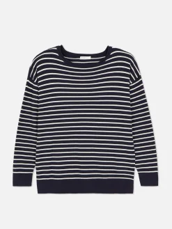 Pulls Et Gilets|Primark Pull Col Bateau à Rayures En Maille Fine Bleu marine