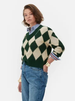 Pulls Et Gilets|Primark Pull En Maille à Col En V Et Motif Losanges Rita Ora Vert foncé