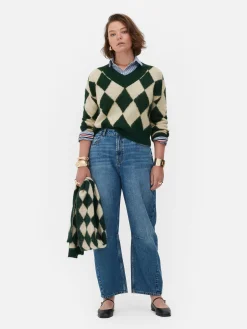 Pulls Et Gilets|Primark Pull En Maille à Col En V Et Motif Losanges Rita Ora Vert foncé