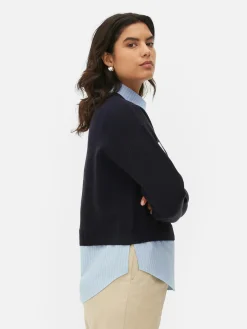 Pulls Et Gilets|Primark Pull Tricoté à Message Et Chemise Deux-en-un Bleu marine