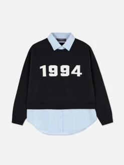 Pulls Et Gilets|Primark Pull Tricoté à Message Et Chemise Deux-en-un Bleu marine