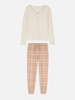 Ensembles Pyjamas|Primark Pyjama à Manches Longues Avec Bas à Carreaux Marron
