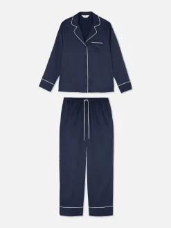Ensembles Pyjamas|Primark Pyjama Chemise à Manches Longues En Satin Bleu marine