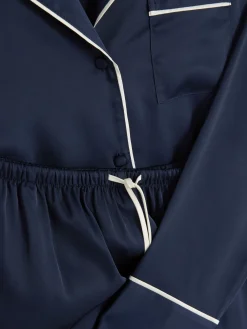 Ensembles Pyjamas|Primark Pyjama Chemise à Manches Longues En Satin Bleu marine