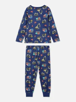 Pyjamas Et Vêtements De Nuit|Primark Pyjama Long En Velours à Motif Chantier Bleu marine