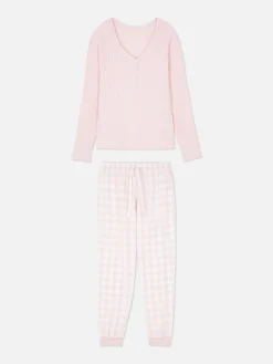 Ensembles Pyjamas|Primark Pyjama T-shirt Boutonné Et Pantalon à Motifs Rose clair