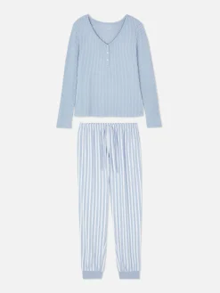 Ensembles Pyjamas|Primark Pyjama T-shirt Boutonné Et Pantalon à Motifs Bleu