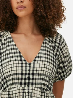 Robes|Primark Robe à Smocks, Manches Bouffantes Et Col En V Noir/Blanc