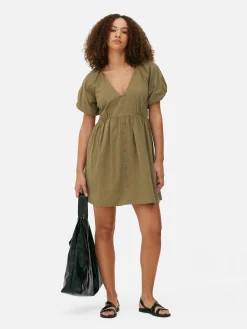 Robes|Primark Robe à Smocks, Manches Bouffantes Et Col En V Kaki