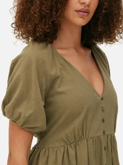 Robes|Primark Robe à Smocks, Manches Bouffantes Et Col En V Kaki