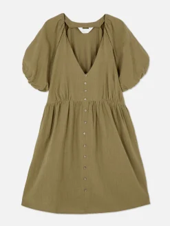 Robes|Primark Robe à Smocks, Manches Bouffantes Et Col En V Kaki