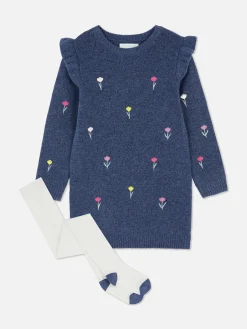 Robes|Primark Robe En Maille à Fleurs Brodées Bleu