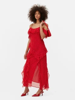 Robes|Primark Robe Mi-longue à Volants Et à Pois Rouge