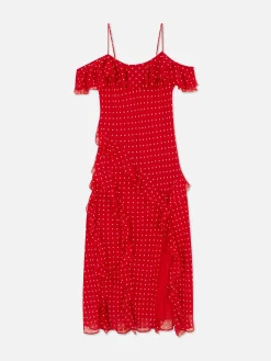 Robes|Primark Robe Mi-longue à Volants Et à Pois Rouge