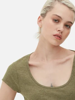 Robes|Primark Robe Mi-longue Côtelée Et Décolletée Kaki