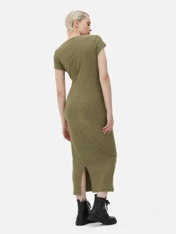 Robes|Primark Robe Mi-longue Côtelée Et Décolletée Kaki