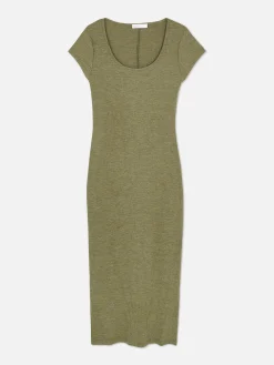 Robes|Primark Robe Mi-longue Côtelée Et Décolletée Kaki