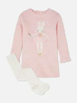 Robes Et Jupes|Primark Robe-pull Tricotée à Motif Lapin Et Collants Rose