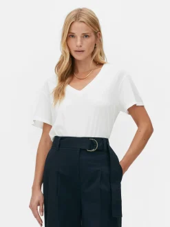 Hauts Et T-Shirts|Primark T-shirt à Col En V En Coton Mélangé Blanc