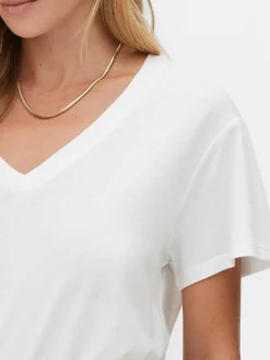 Hauts Et T-Shirts|Primark T-shirt à Col En V En Coton Mélangé Blanc