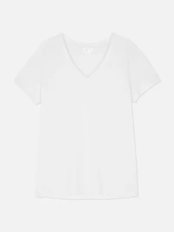 Hauts Et T-Shirts|Primark T-shirt à Col En V En Coton Mélangé Blanc