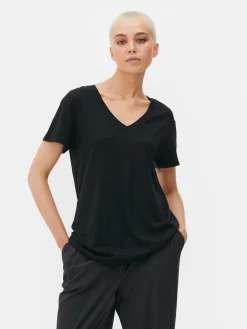 Hauts Et T-Shirts|Primark T-shirt à Col En V En Coton Mélangé Noir